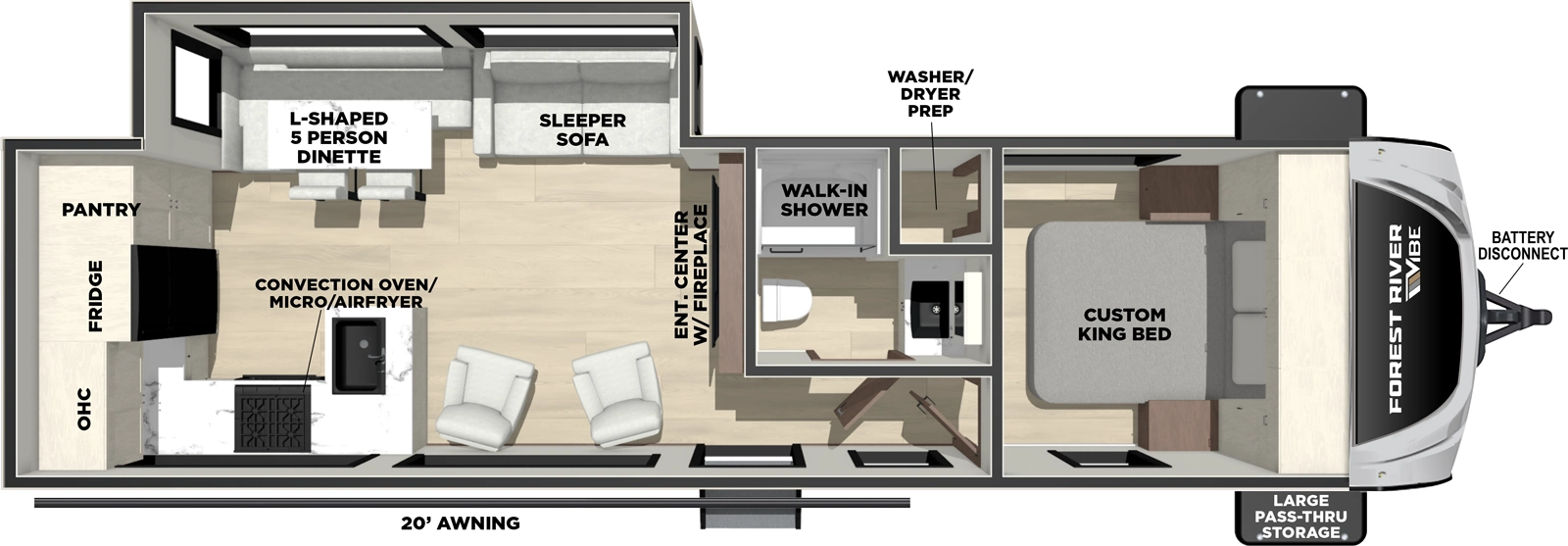 The Vibe 2600RK floorplan has one entry and one slide out. Exterior features include: fiberglass exterior and 20' awning. Interiors features include: rear kitchen and front bedroom.